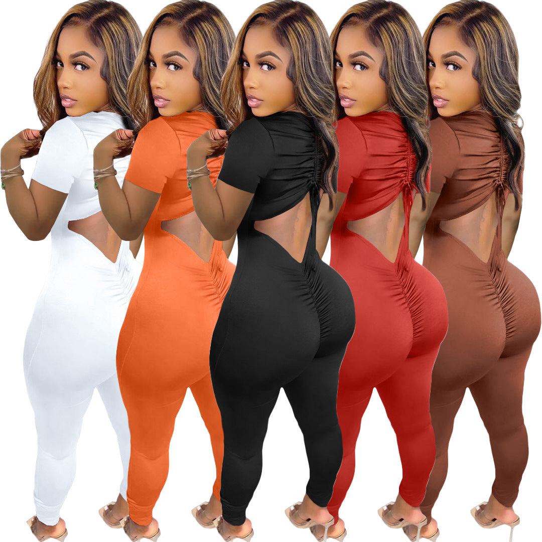 Sunkissed Snatched Jumpsuit – Ruched Short Sleeve Drawstring Fit