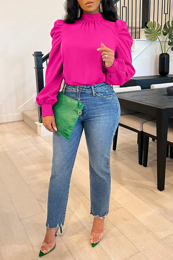 Solid Stand Collar Puff Sleeve Top – Effortless Chic