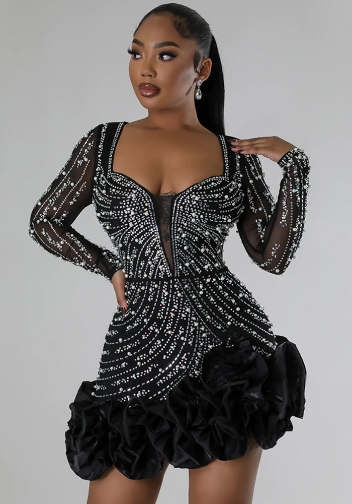 Beaded Long Sleeve Square Neck Dress – Sexy Elegant Club Dress for Parties & Events