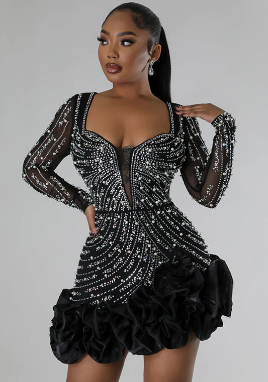 Beaded Long Sleeve Square Neck Dress – Sexy Elegant Club Dress for Parties & Events