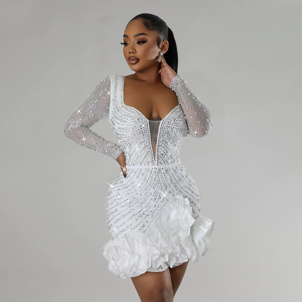 Beaded Long Sleeve Square Neck Dress – Sexy Elegant Club Dress for Parties & Events