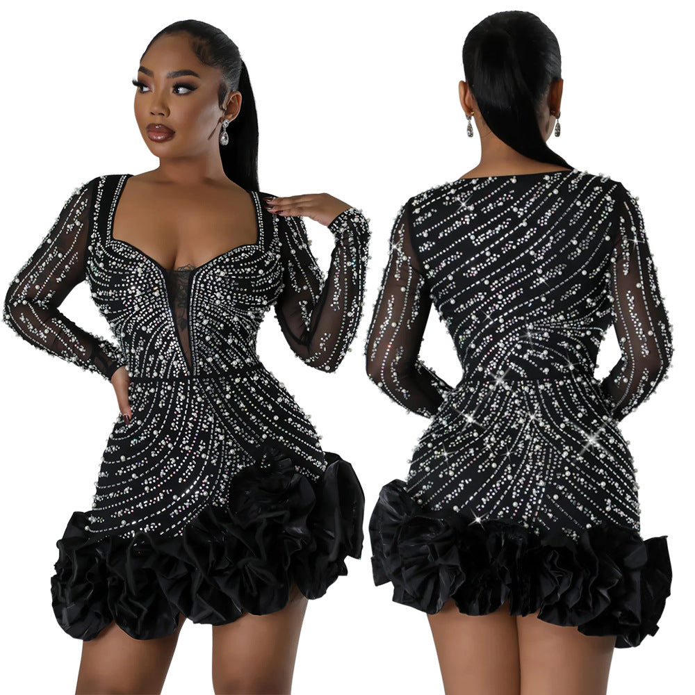 Beaded Long Sleeve Square Neck Dress – Sexy Elegant Club Dress for Parties & Events