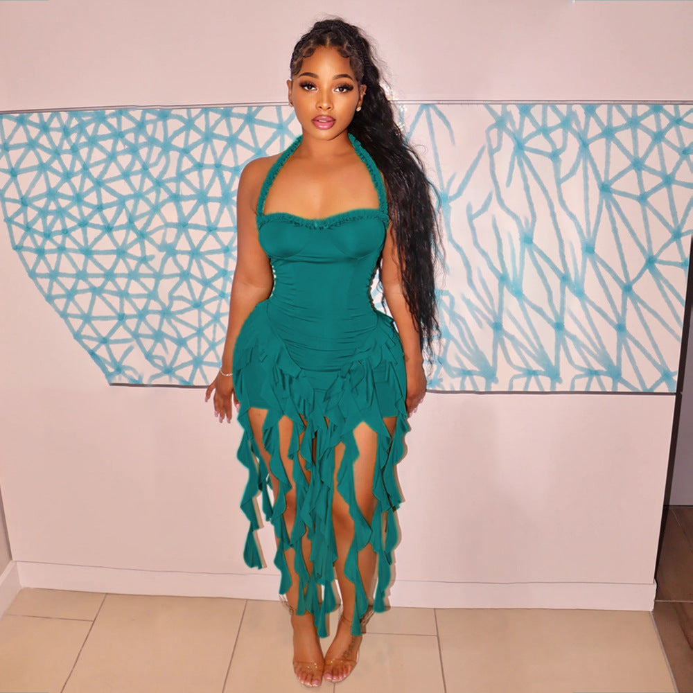 Tassel Halter Bodycon Dress – Snatched Fit, High Stretch, Luxe Vibe