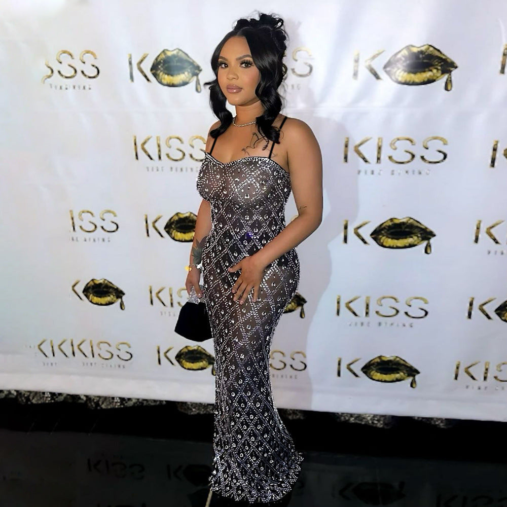 Sexy Beaded Bodycon Maxi Dress – Elegant Long Sleeve Party & Club Dress