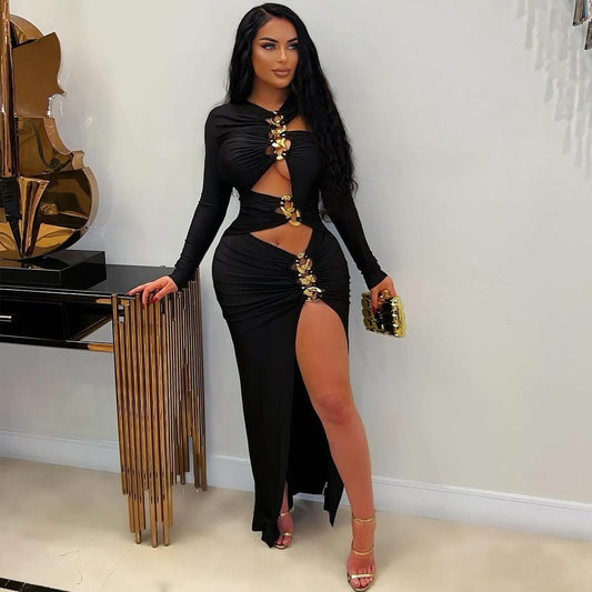 Sculpted Slit Maxi – Sexy Hollow Long Dress with Silky Stretch Fit