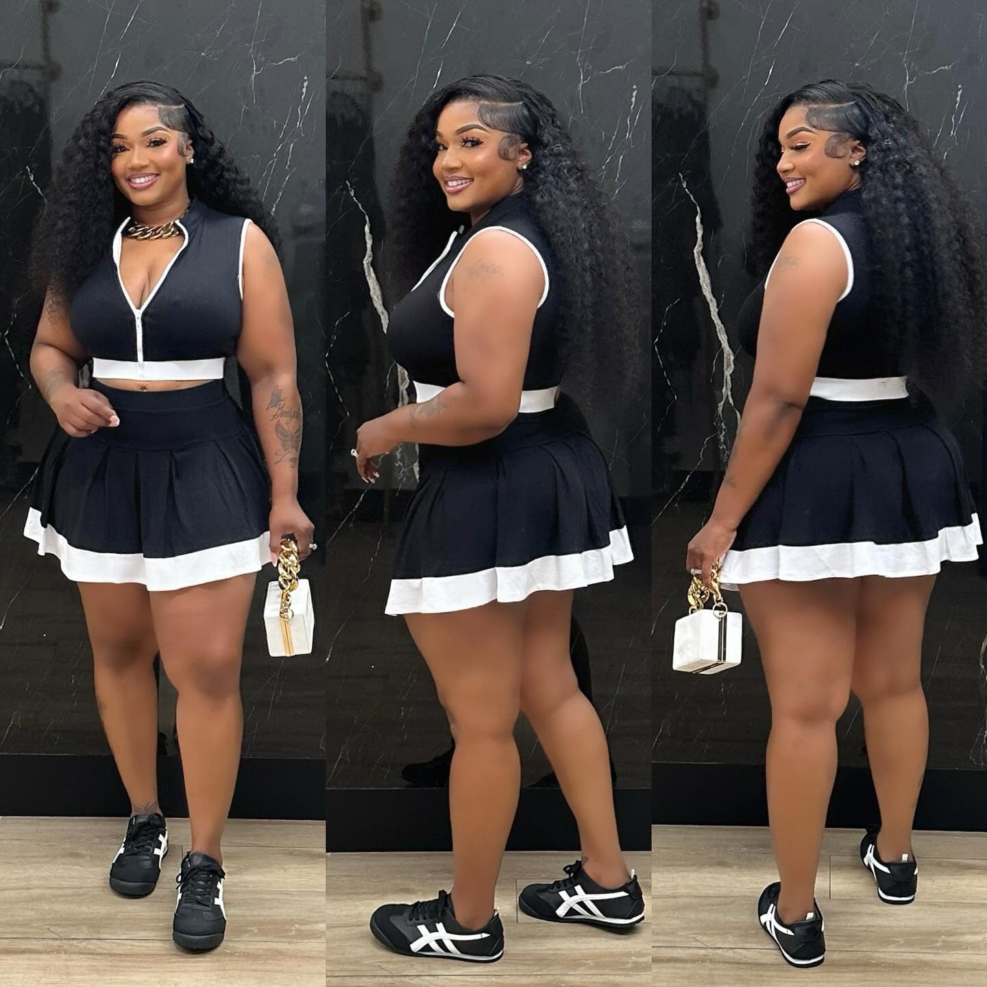 Contrast Color Two-Piece Skirt Set – Zipper Crop Top & Mini Skirt