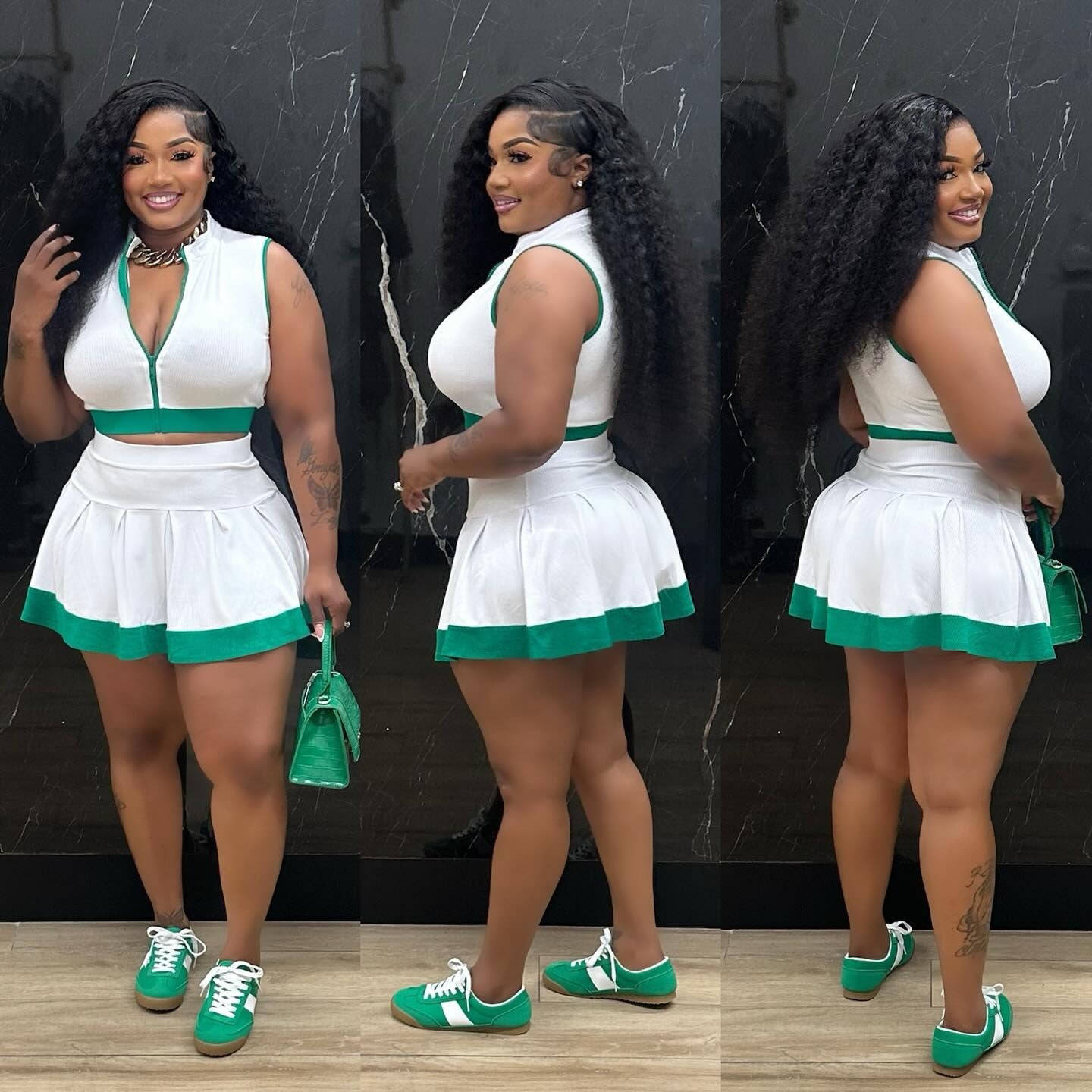 Contrast Color Two-Piece Skirt Set – Zipper Crop Top & Mini Skirt