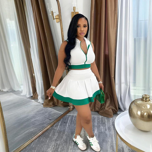 Contrast Color Two-Piece Skirt Set – Zipper Crop Top & Mini Skirt