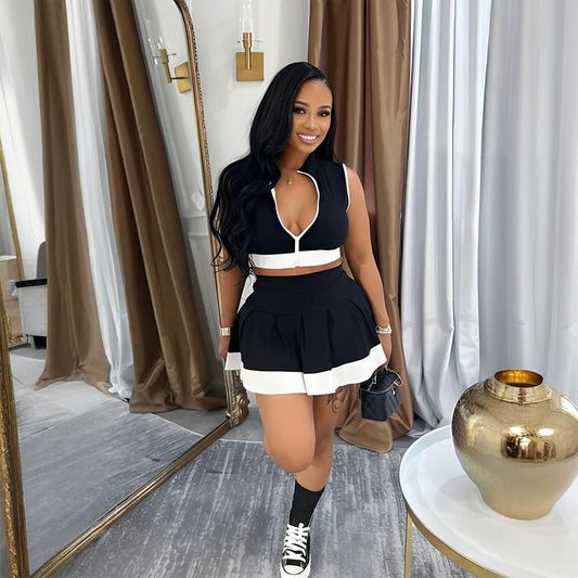 Contrast Color Two-Piece Skirt Set – Zipper Crop Top & Mini Skirt