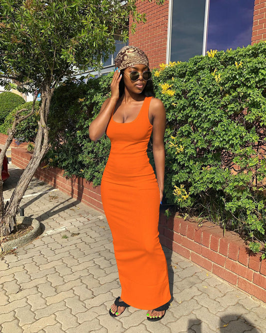 Sexy Ribbed Sundress – Stretchy Body-Hugging Maxi Dress for Vacations & Dates