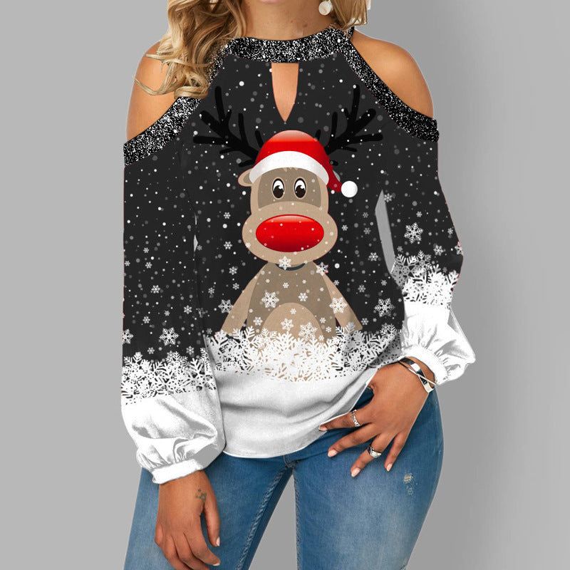 Off-Shoulder Elk Print Long Sleeve – Cozy Christmas Tee