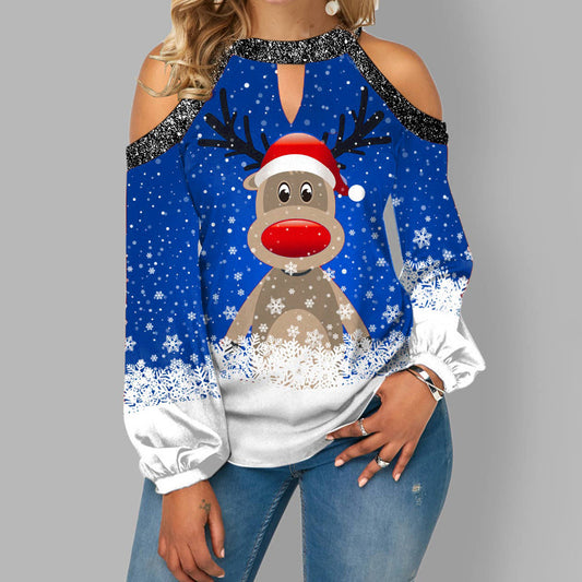 Off-Shoulder Elk Print Long Sleeve – Cozy Christmas Tee