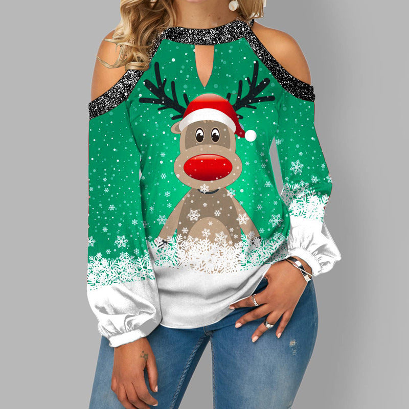 Off-Shoulder Elk Print Long Sleeve – Cozy Christmas Tee