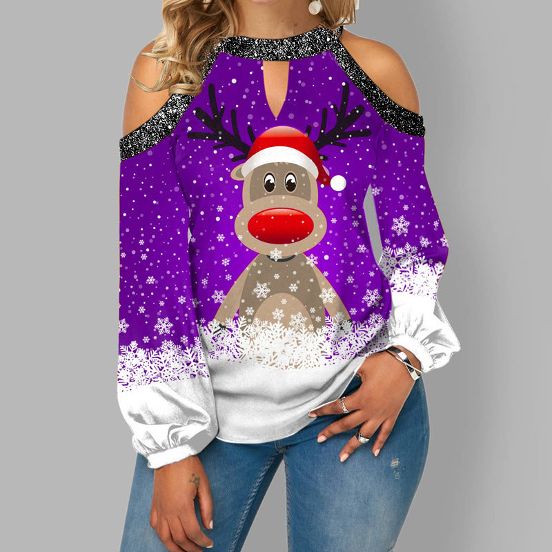 Off-Shoulder Elk Print Long Sleeve – Cozy Christmas Tee
