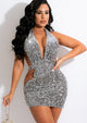 "Silver Siren" Deep-V Backless Halter Mini Dress
