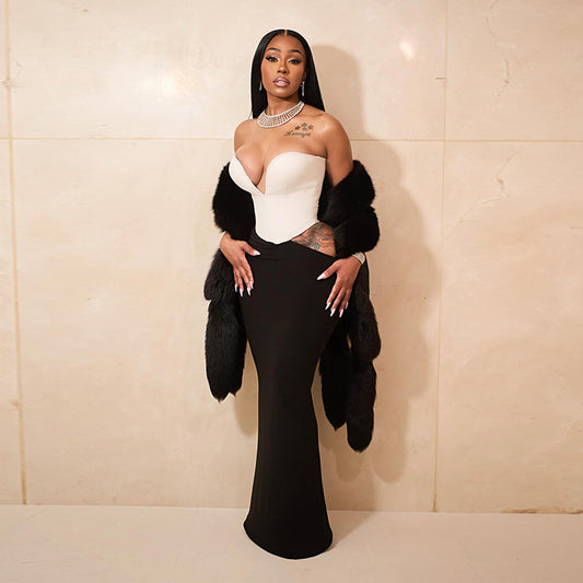 The “Midnight Allure” Patchwork Maxi Dress