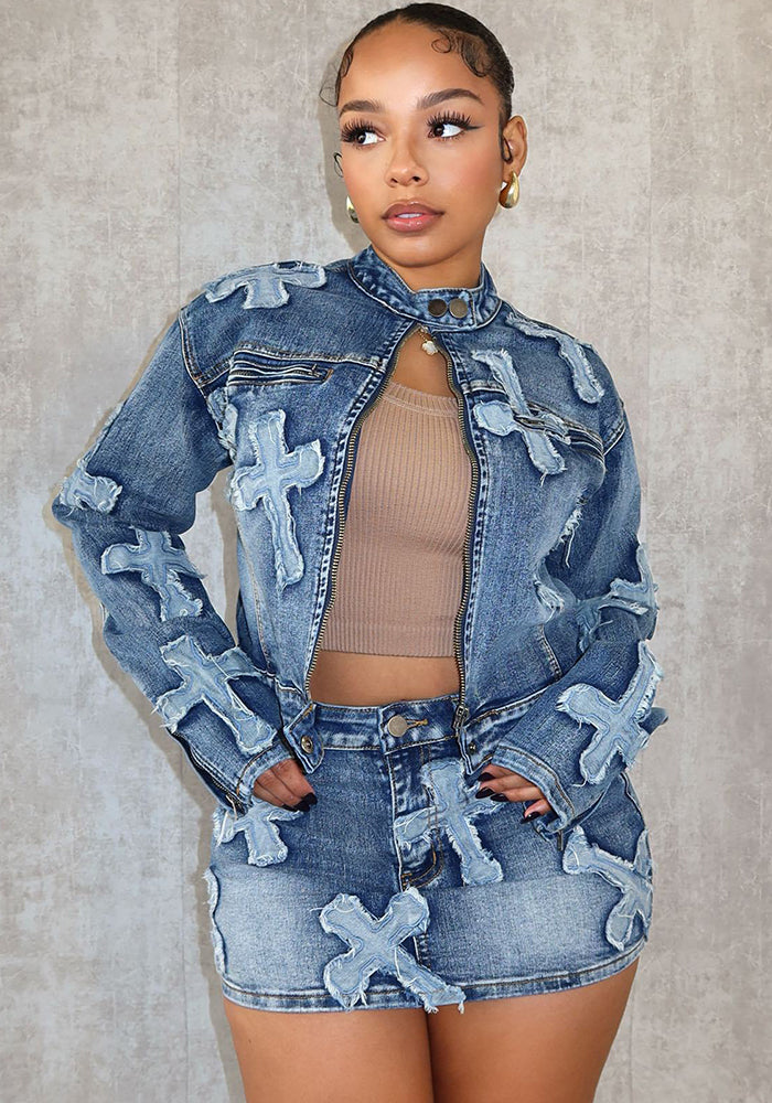 "Denim Diva" Embroidered Jacket & Skirt Suit