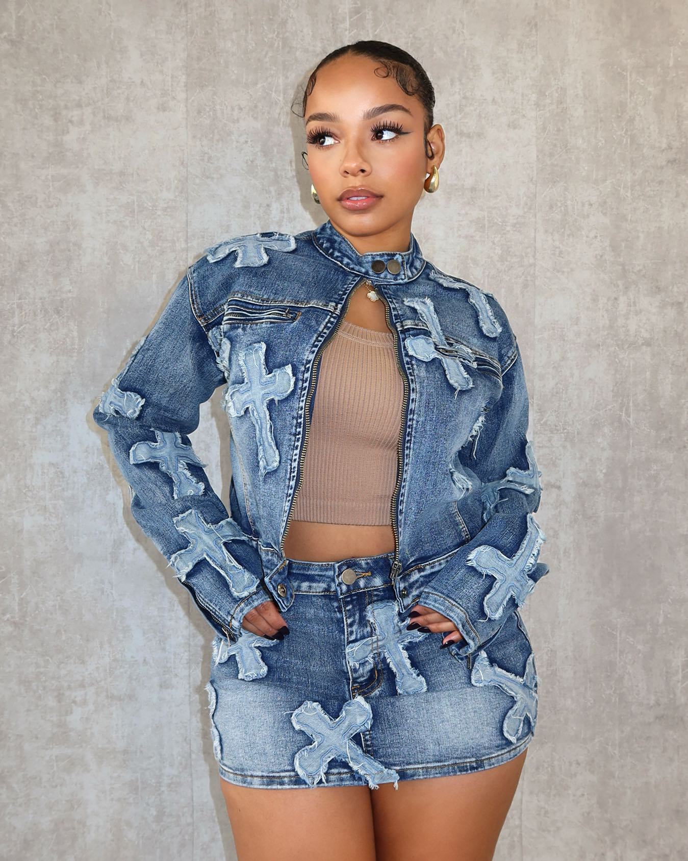 "Denim Diva" Embroidered Jacket & Skirt Suit