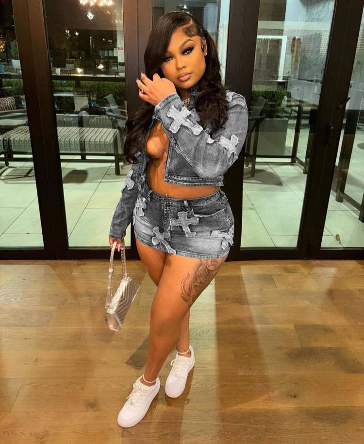 "Denim Diva" Embroidered Jacket & Skirt Suit