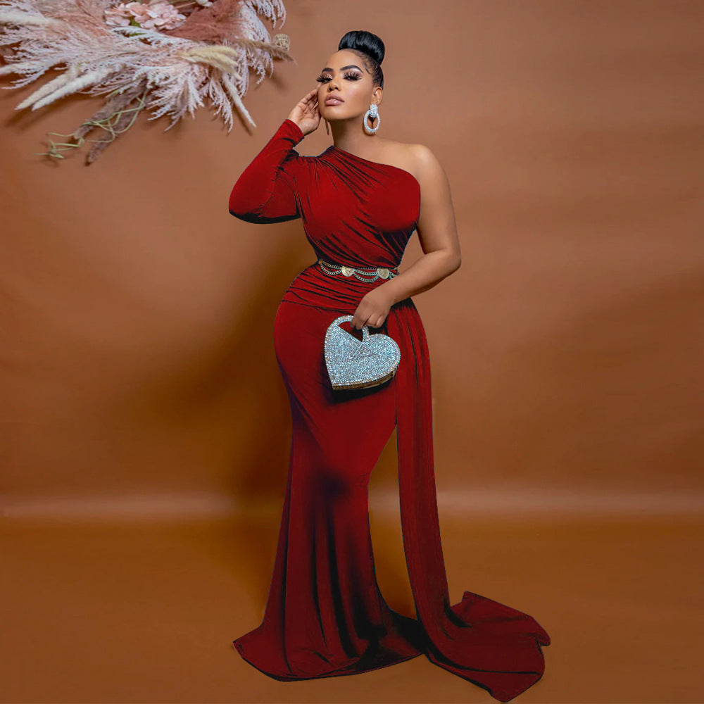 Midnight Muse – One-Shoulder Elegance Maxi Gown