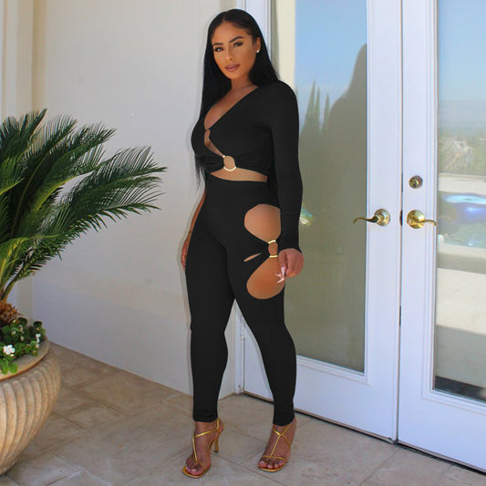 Ribbed Two-Piece Pants Set – Sexy V-Neck Crop Top & High-Waist Pants