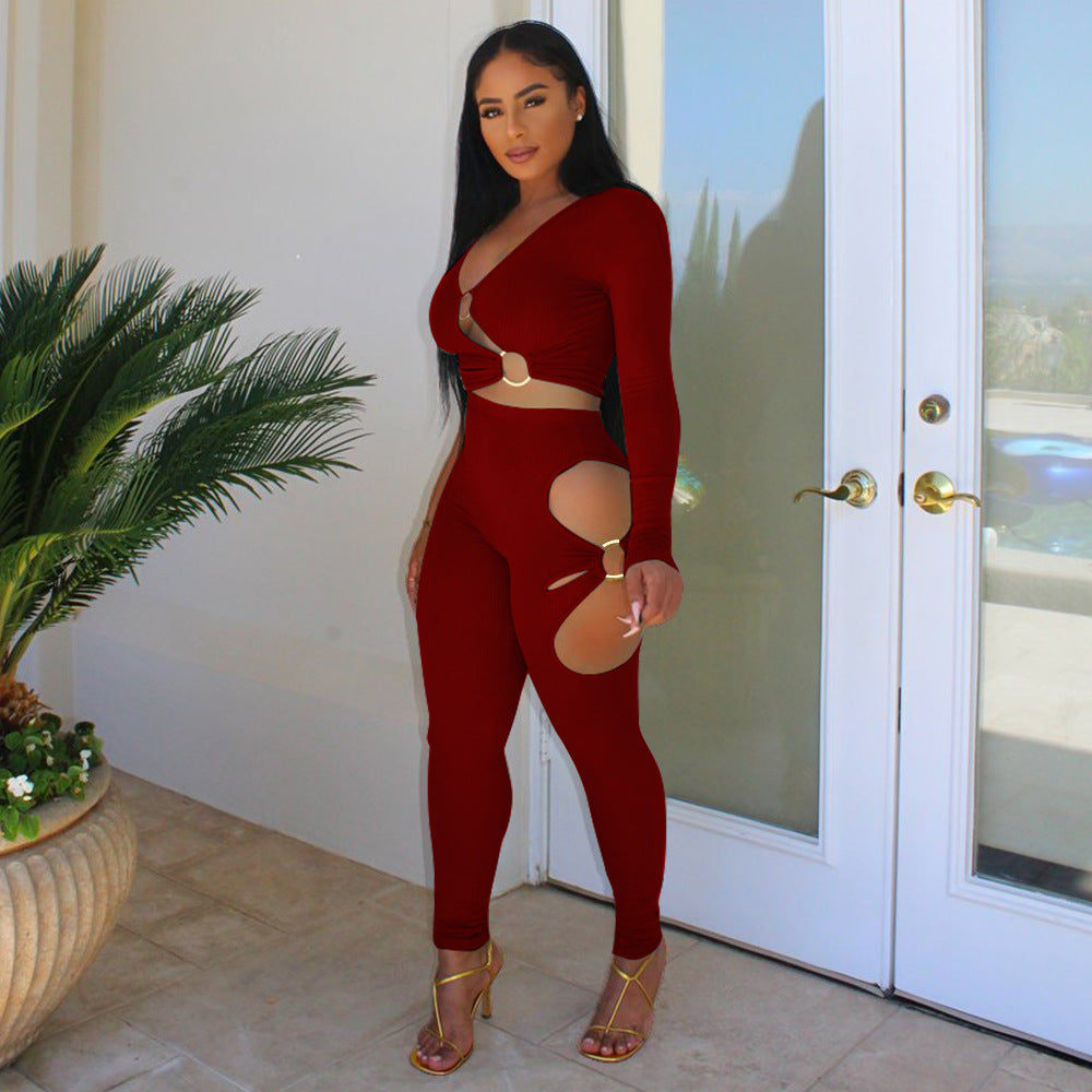 Ribbed Two-Piece Pants Set – Sexy V-Neck Crop Top & High-Waist Pants