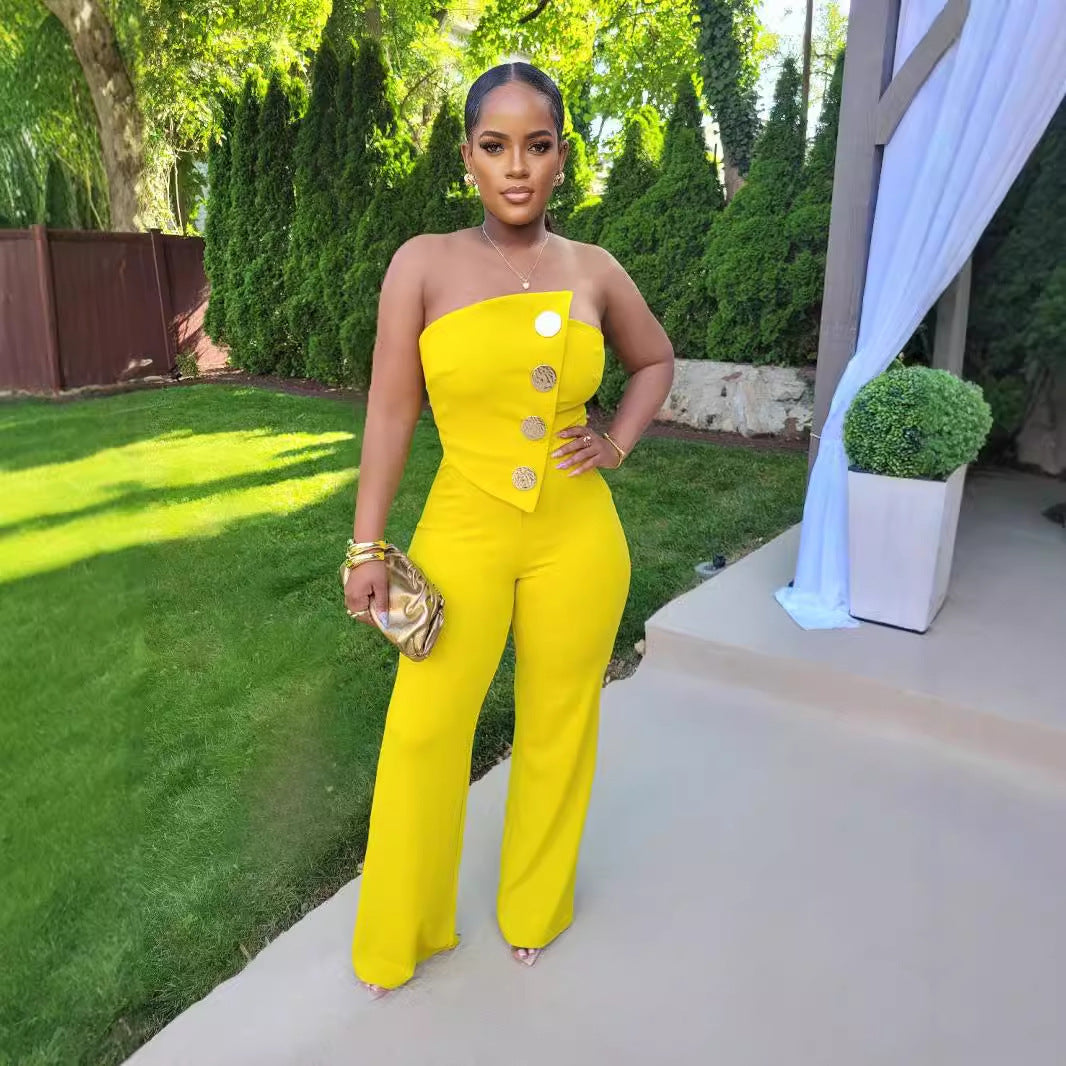 Bossed Up Strapless Button Wide-Leg Jumpsuit – Luxe Statement Fit