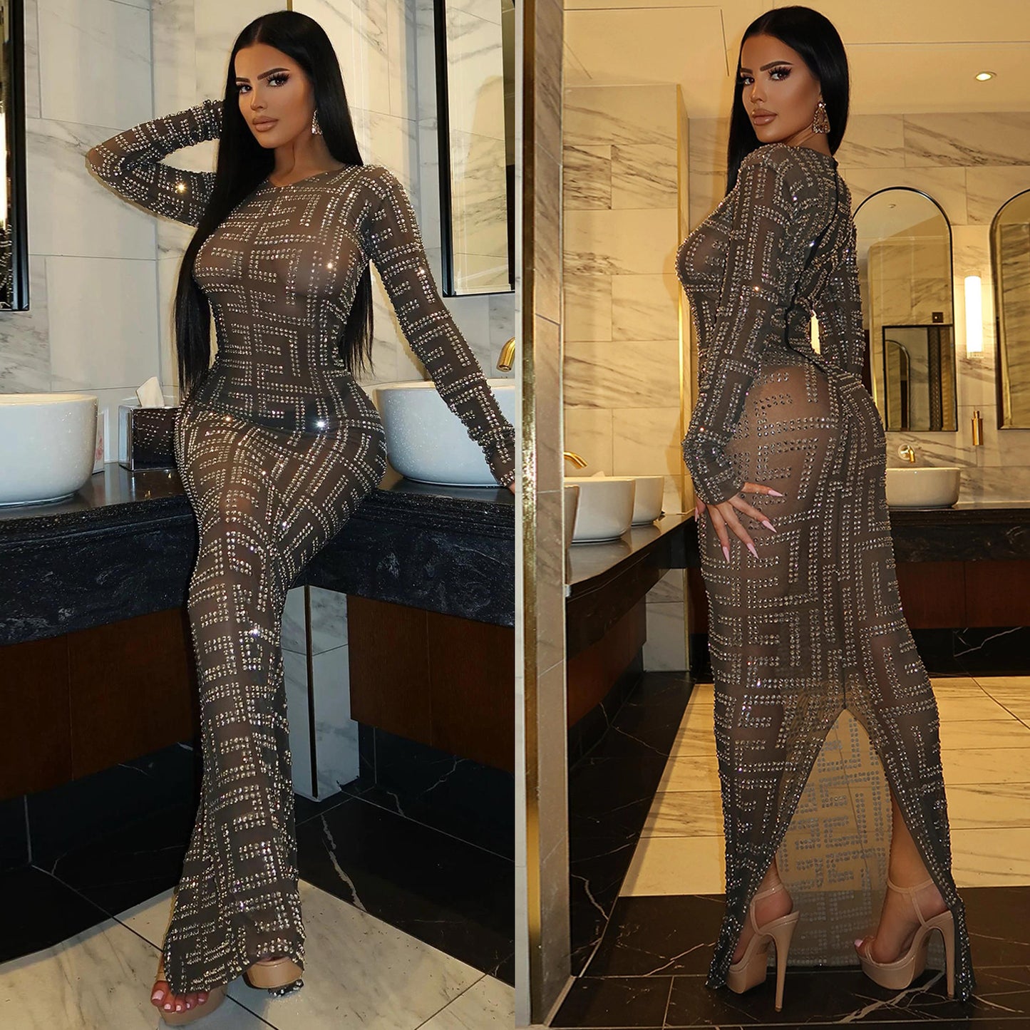 Sexy Mesh Beaded Long Sleeve Nightclub Dress – Luxe Party Look