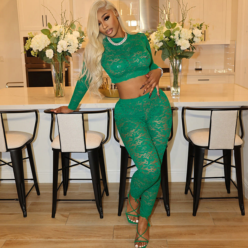 Lace Temptation – Long Sleeve Crop Top & High-Waist Pants Set