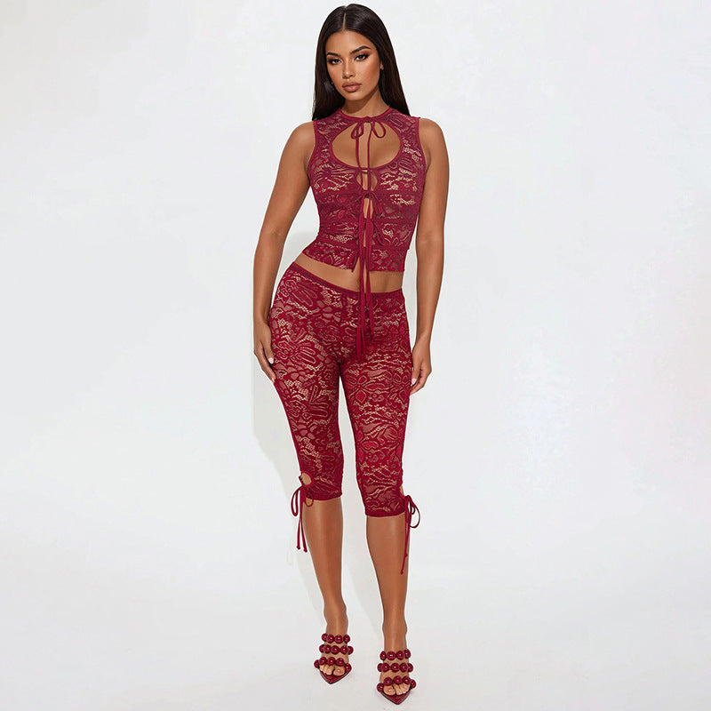 Lace Hollow-Out Tie-Front Vest & High-Waist Shorts Set