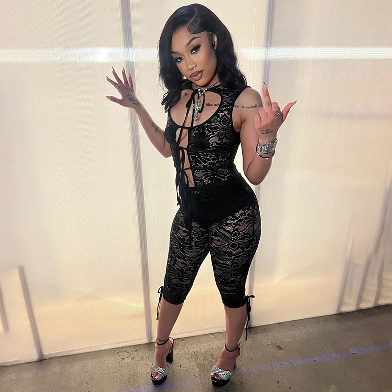 Lace Hollow-Out Tie-Front Vest & High-Waist Shorts Set