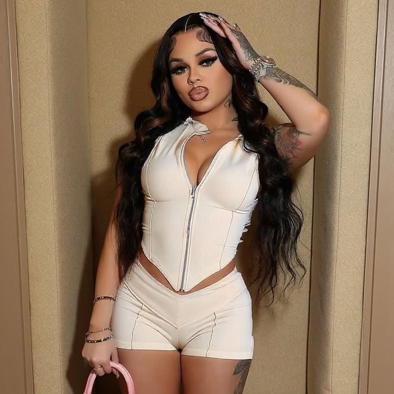 Spring Summer Zipper Crop Top & High-Waist Shorts Two-Piece Set – Sleek & Chic