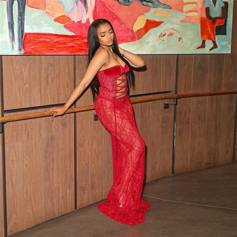 The “Midnight Temptation” Lace-Up Bodycon Dress