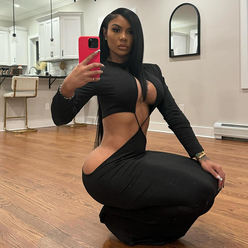 Sultry Hollow Maxi – Long Sleeve Open Waist Dress (Curve-Hugging Fit)