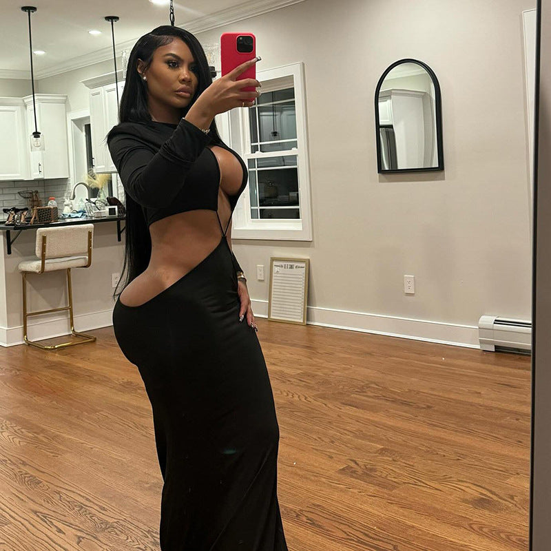 Sultry Hollow Maxi – Long Sleeve Open Waist Dress (Curve-Hugging Fit)