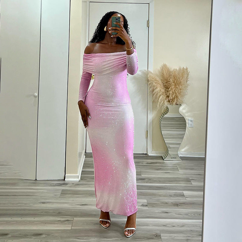 GlitterGlow Gradient Off-Shoulder Bodycon Dress – Luxe Stretch Fit