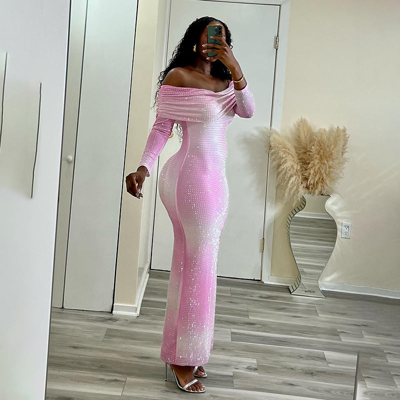 GlitterGlow Gradient Off-Shoulder Bodycon Dress – Luxe Stretch Fit
