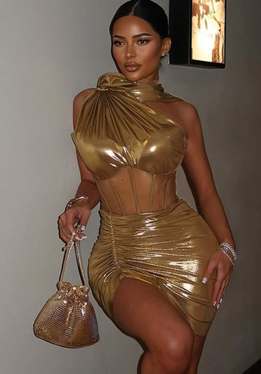 Shimmer Mesh Patchwork Two-Piece Skirt Set