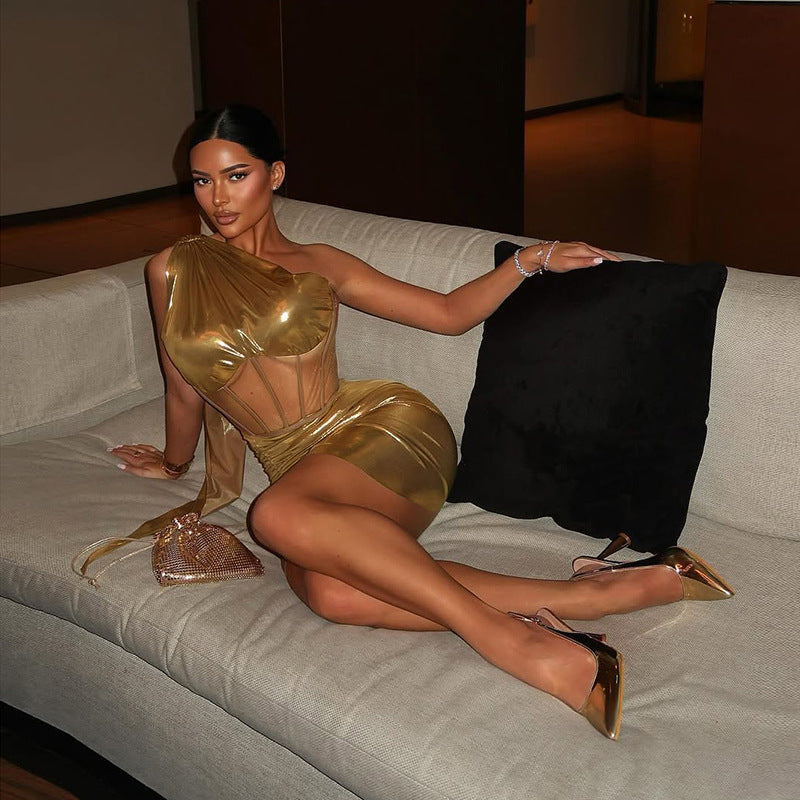 Shimmer Mesh Patchwork Two-Piece Skirt Set