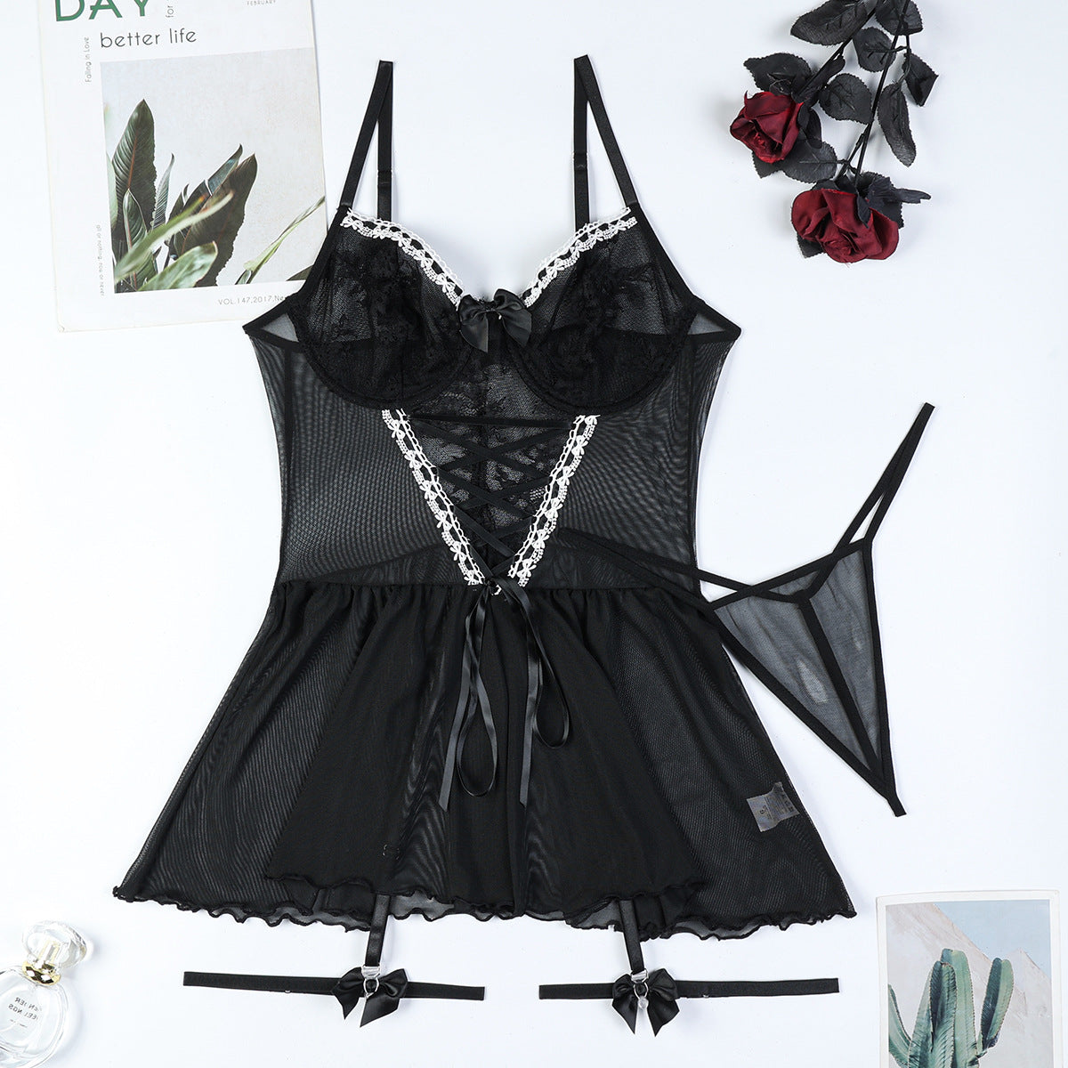 “Tied Up In Lace” 4-Piece Mesh Bow Lingerie Nightdress Set