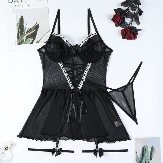 “Tied Up In Lace” 4-Piece Mesh Bow Lingerie Nightdress Set