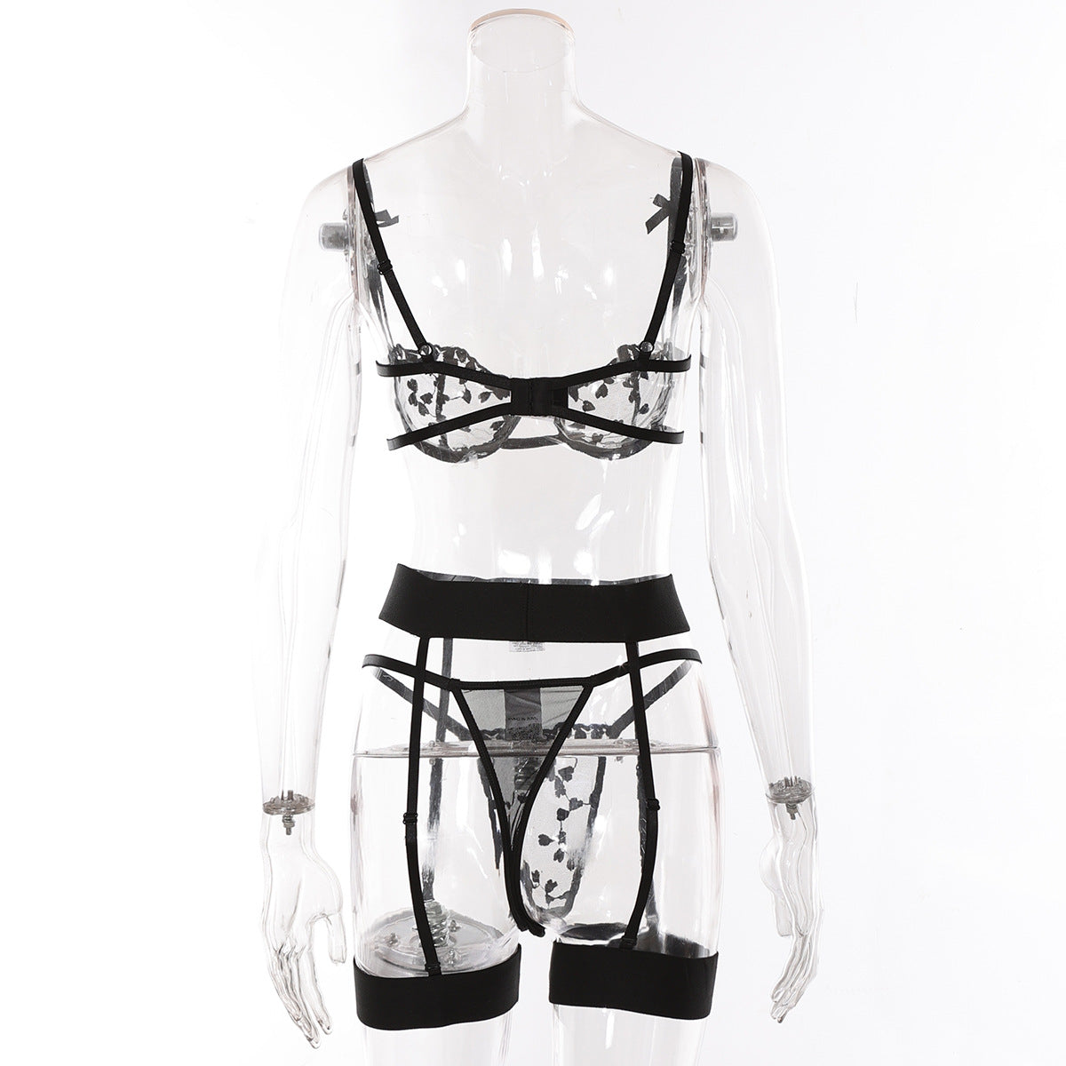 “Whispers” Embroidered Mesh See-Through Lingerie Set