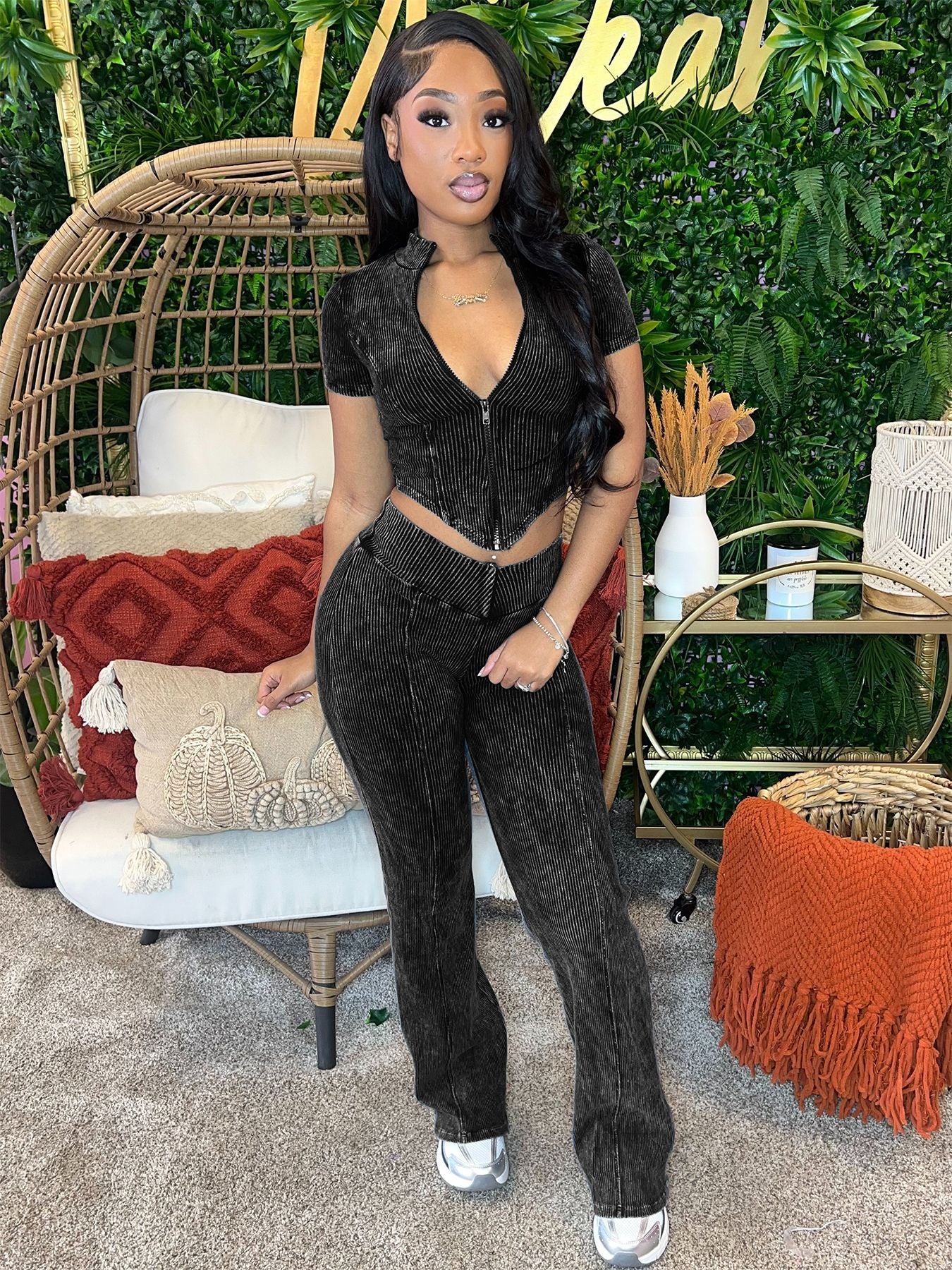 Ribbed V-Hem Short Sleeve Top & Bell Bottom Pants Two-Piece Set