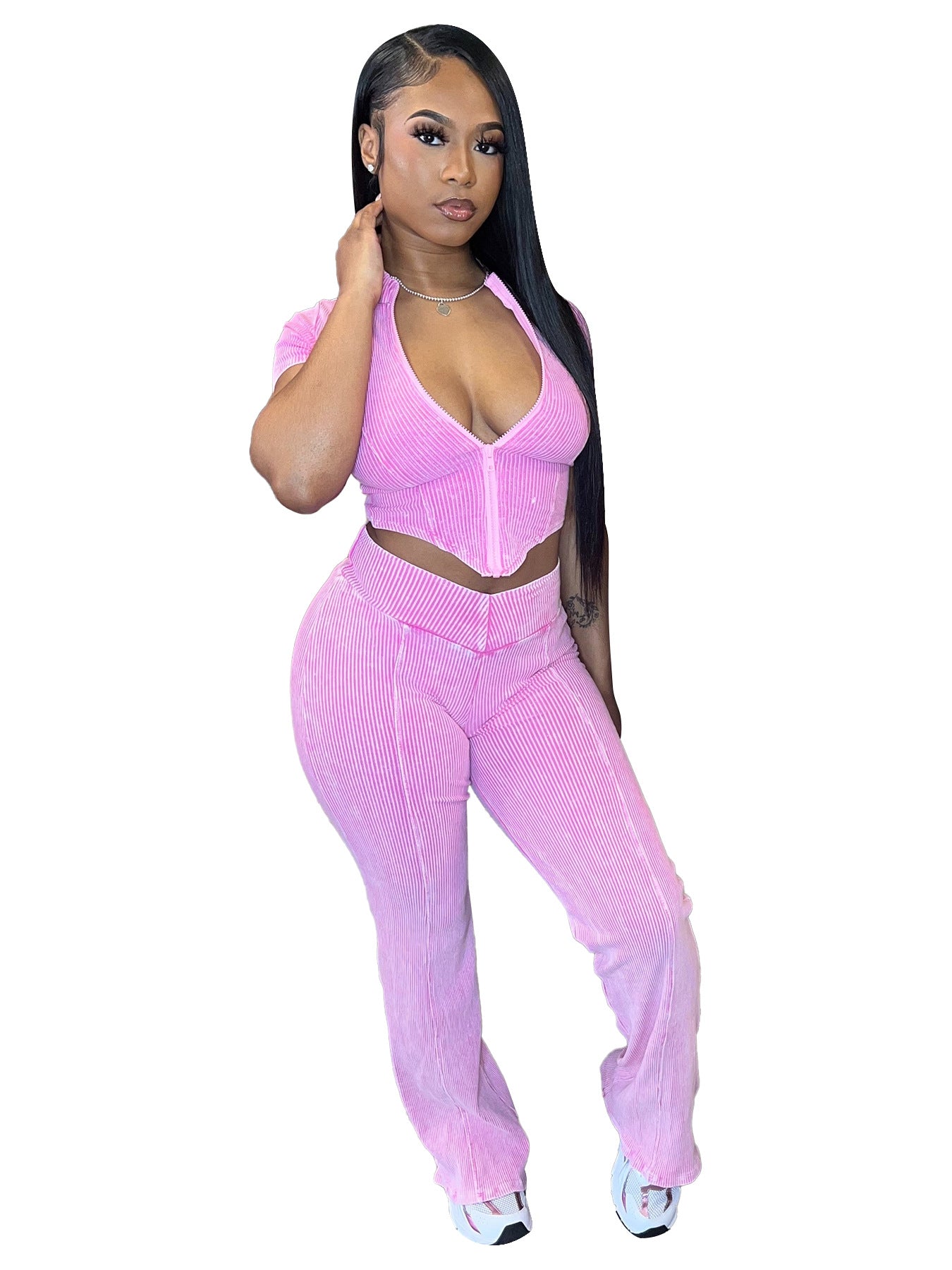 Ribbed V-Hem Short Sleeve Top & Bell Bottom Pants Two-Piece Set