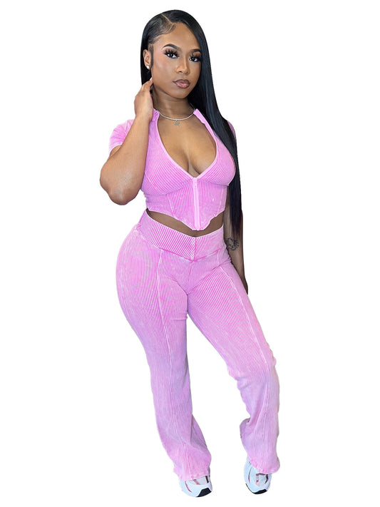 Ribbed V-Hem Short Sleeve Top & Bell Bottom Pants Two-Piece Set