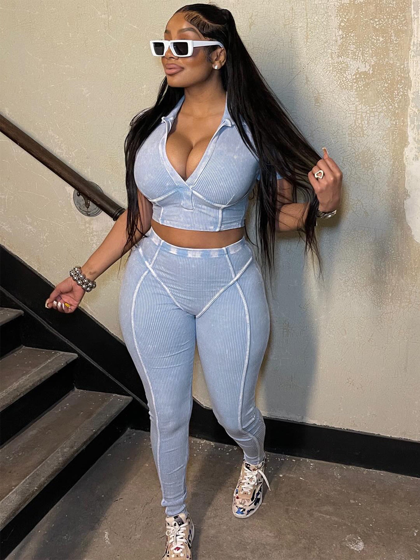 The Distressed Chic V-Neck Two-Piece Set