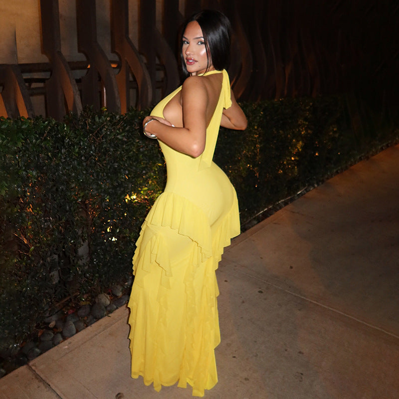 Lace-Up Halter Neck Ruffle Dress – Summer Party Essential