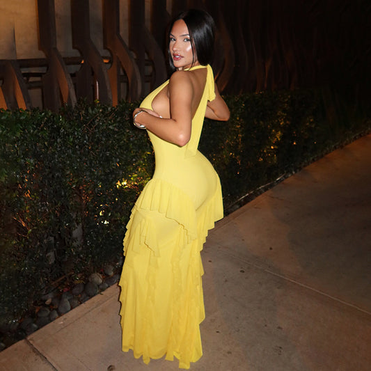 Lace-Up Halter Neck Ruffle Dress – Summer Party Essential