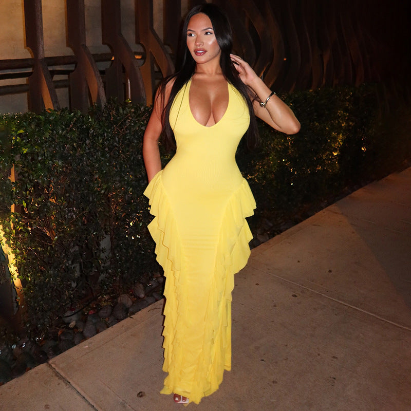 Lace-Up Halter Neck Ruffle Dress – Summer Party Essential