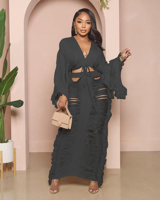 Cutout Confidence Long Sleeve Two-Piece Skirt Set